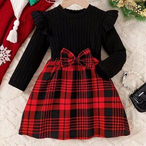 Plaid Dress with Bow Decoration and Puff Sleeves | Casual Style, Medium Stretch